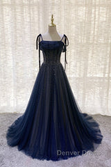 Dark Blue Tulle Sequin Long Prom Dresses, Dark Blue Evening Dresses