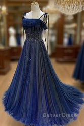 Dark Blue Tulle Sequin Long Prom Dresses, Dark Blue Evening Dresses