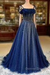 Dark Blue Tulle Sequin Long Prom Dresses A Line Birthday Party Dresses