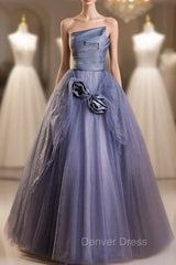 Dark Blue Tulle Strapless Pleats Flower Prom Dresses