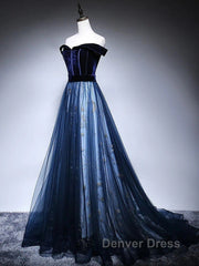 Dark Blue Tulle Velvet Long Prom Dresses, Blue Evening Dresses