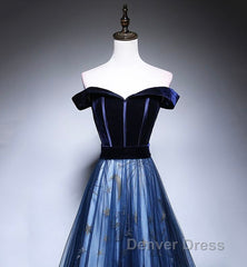 Dark Blue Tulle Velvet Long Prom Dresses, Blue Evening Dresses