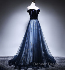 Dark Blue Tulle Velvet Long Prom Dresses, Blue Evening Dresses