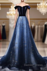 Dark Blue Tulle Velvet Long Prom Dresses, Blue Evening Dresses
