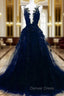 Dark Blue Tulle With Lace Long Prom Dress, A Line Dark Blue Prom Dresses