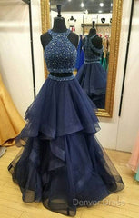 Dark Blue Two Pieces Beads Long Prom Dresses, Formal Dresses