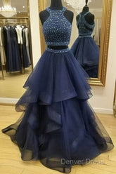 Dark Blue Two Pieces Beads Long Prom Dresses, Formal Dresses