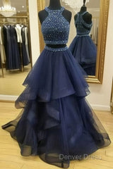 Dark Blue Two Pieces Beads Long Prom Dresses, Formal Dresses