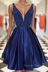 Dark blue v neck beads satin short prom Dresses, blue homecoming Dresses