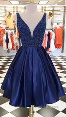 Dark blue v neck beads satin short prom Dresses, blue homecoming Dresses