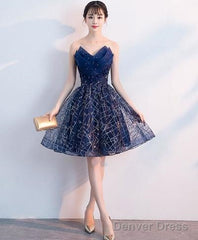 Dark Blue V Neck Tulle Sequin Short Prom Dress, Blue Homecoming Dress S94