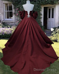 Dark Burgundy Puffy Sleeve Satin Ball Gown Dress
