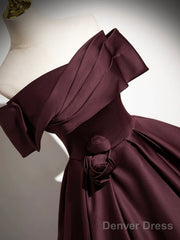 Dark Burgundy Satin Long Prom Dress, Elegant A-Line Off The Shoulder Evening Party Dress