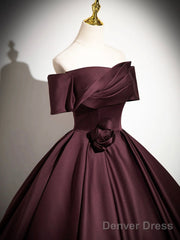Dark Burgundy Satin Long Prom Dress, Elegant A-Line Off The Shoulder Evening Party Dress
