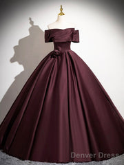 Dark Burgundy Satin Long Prom Dress, Elegant A-Line Off The Shoulder Evening Party Dress