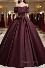 Dark Burgundy Satin Off the Shoulder Flower Prom Dresses