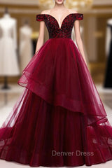 Dark Burgundy Tulle Off the Shoulder Beading prom Dresses