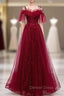 Dark Burgundy Tulle Spaghetti Straps Appliques Beading Prom Dresses