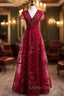 Dark Burgundy Tulle V-neck Cap Sleeve Beading Prom Dresses