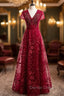 Dark Burgundy Tulle V Neck Cap Sleeve Beading Prom Dresses
