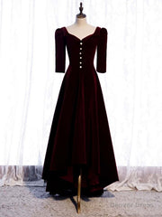 Dark Burgundy Velvet Short Sleeve Prom Dress