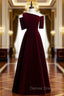 Dark Burgundy Velvet Irregular Neck Short Sleeve Prom Dresses