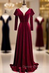 Dark Burgundy Velvet Long Sleeve V-neck Button Prom Dresses