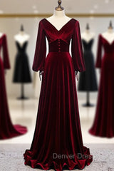 Dark Burgundy Velvet Long Sleeve V-neck Pleats Prom Dresses