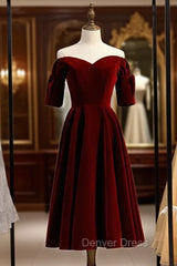 Dark Burgundy Velvet Off the Shoulder Short Sleeve Prom Dresses