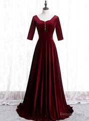 Dark Burgundy Velvet Short Sleeve Prom Dress With Pearls