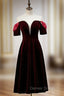 Dark Burgundy Velvet Short Sleeve Tea Length Prom Dresses