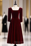Dark Burgundy Velvet Square Half Sleeve Tea Length Prom Dresses