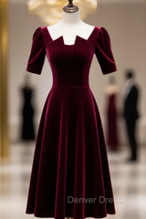 Dark Burgundy Velvet Square Short Sleeve Short Prom Dresses
