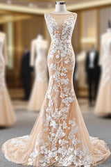 Dark Champagne Tulle Mermaid Lace Appliques Prom Dresses