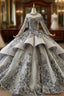 Dark Gray Ball Gowns Tulle Embroidery Appliques Long Sleeve Wedding Dresses