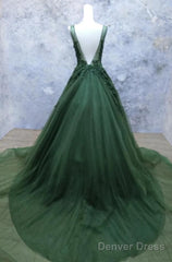 Dark Green A Line Backless Prom Dresses V Neck Appliqued Beaded Formal Dress