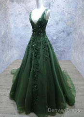 Dark Green A Line Backless Prom Dresses V Neck Appliqued Beaded Formal Dress