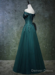 Dark Green A-Line Beaded Long Party Dress, Sweetheart Tulle Green Prom Dress