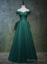 Dark Green A-Line Beaded Long Party Dress, Sweetheart Tulle Green Prom Dress