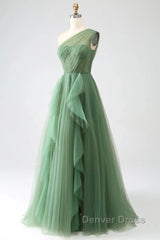 Dark Green A-Line One-Shoulder Sequins Tulle Long Prom Dresses