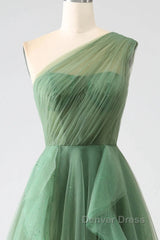 Dark Green A-Line One-Shoulder Sequins Tulle Long Prom Dresses
