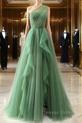 Dark Green A-Line One-Shoulder Sequins Tulle Long Prom Dresses