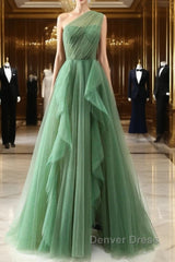 Dark Green A-Line One-Shoulder Sequins Tulle Long Prom Dresses