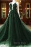 Dark Green A-Line Open Back Tulle Lace Floral Formal Dresses, Green Long Prom Dresses