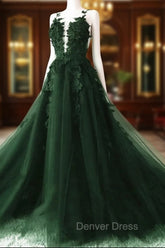 Dark Green A-Line Open Back Tulle Lace Floral Formal Dresses, Green Long Prom Dresses