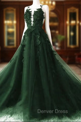 Dark Green A-Line Open Back Tulle Lace Floral Formal Dresses, Green Long Prom Dresses