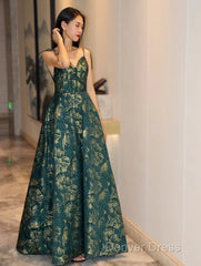 Dark Green A-Line Spaghetti Strap Satin Long Prom Dresses Sweetheart Neckline Retro Bridal Dresses