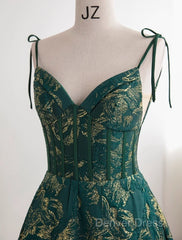 Dark Green A-Line Spaghetti Strap Satin Long Prom Dresses Sweetheart Neckline Retro Bridal Dresses