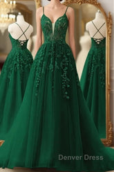 Dark Green A-Line Tulle Lace Long Prom Dresses V Neck Lace Formal Evening Dresses