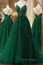 Dark Green A-line V-neckline Tulle and Lace Party Dresses, Green Long Prom Dresses